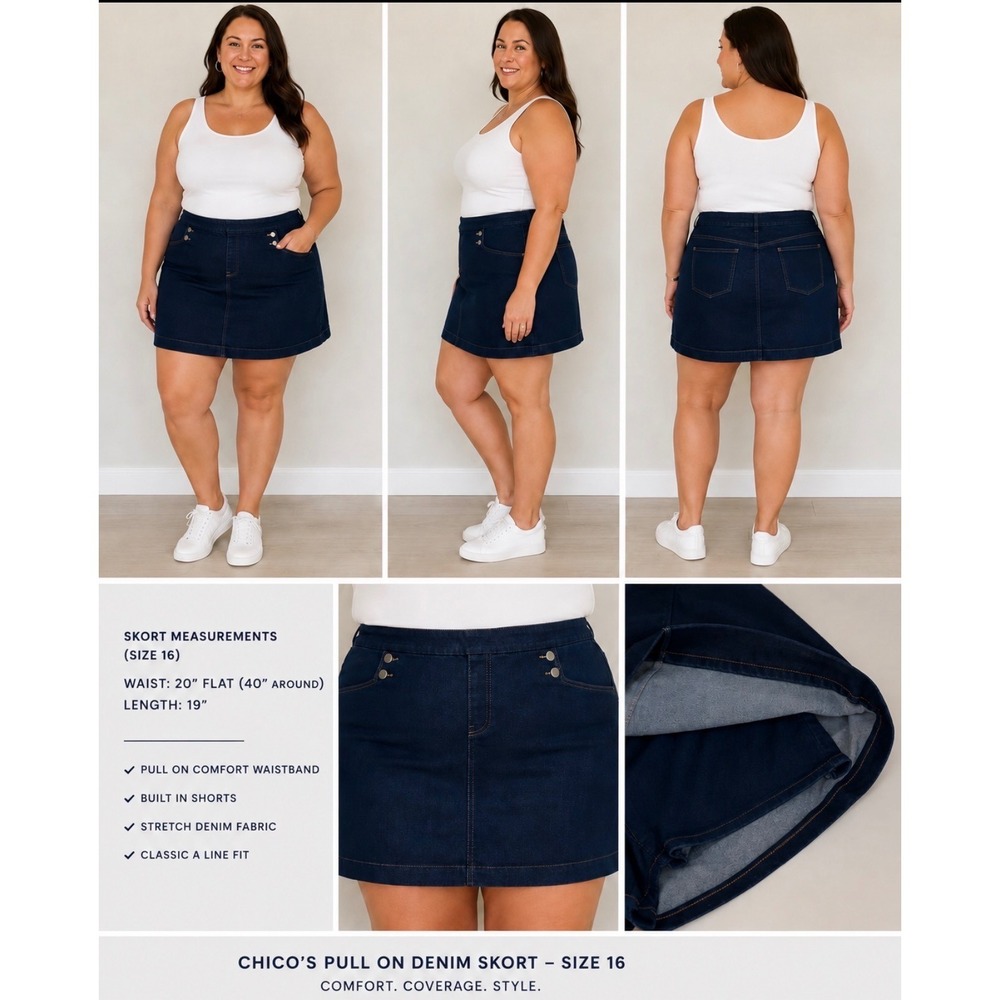 Chico's Pull On Denim Skort Size 16 (Chico's 3) Blue Stretch Jean Skirt Shorts